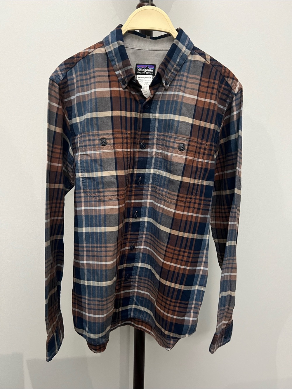 Patagonia Blue, Brown & Cream Plaid Button-Down Shirt
